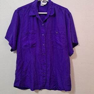 Retro Hipster Real Silk Button-Up Bowlers Shirt Royal Purple Short Sleeve Large